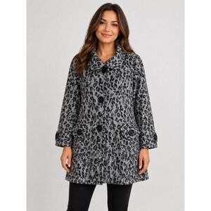 Hazel Leopard Print Coat Womens L Gray Black Button Up 3/4‎ Puff Sleeves Jacket